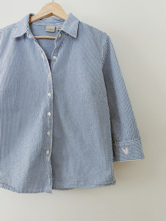 LL Bean Striped Button Up With Heart Detail (L)