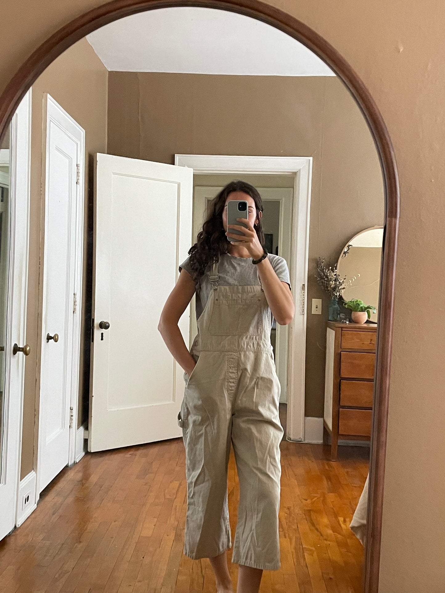 Tan Cropped Overalls (M)